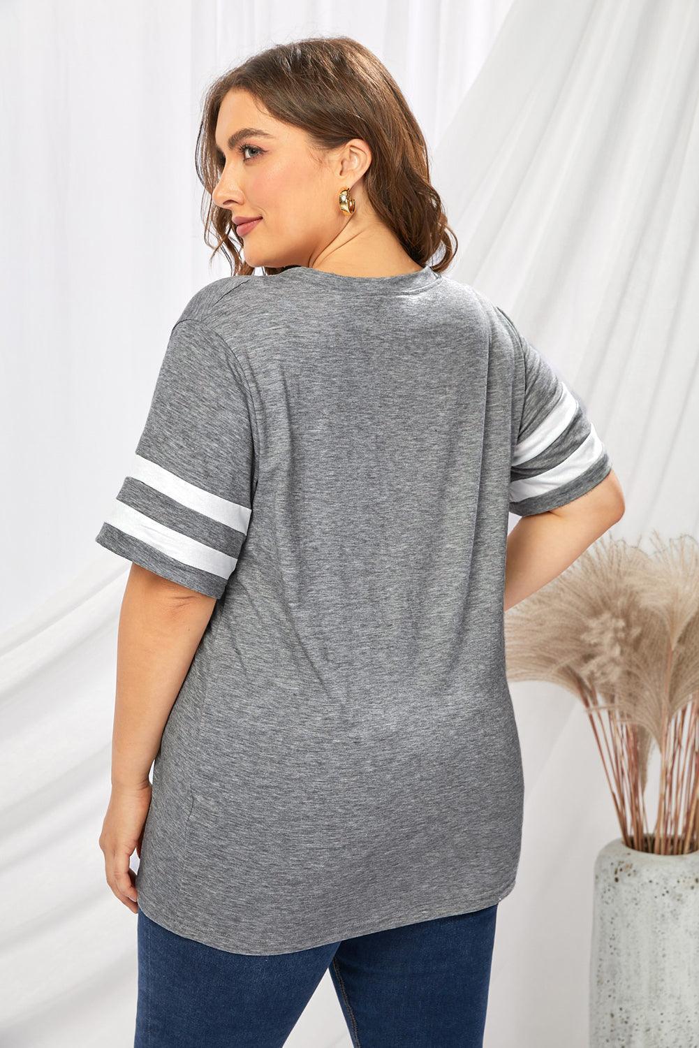 Plus Size Striped V-Neck Tee Shirt - ClubOn