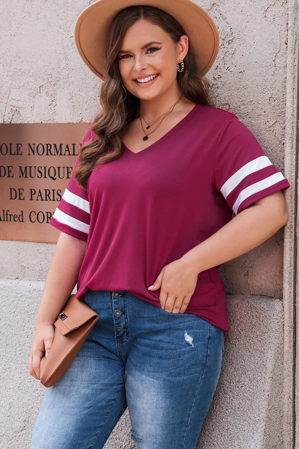Plus Size Striped V-Neck Tee Shirt - ClubOn