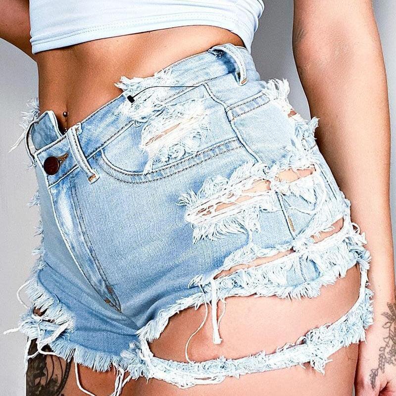 Asymmetrical Distressed Denim Shorts - ClubOn