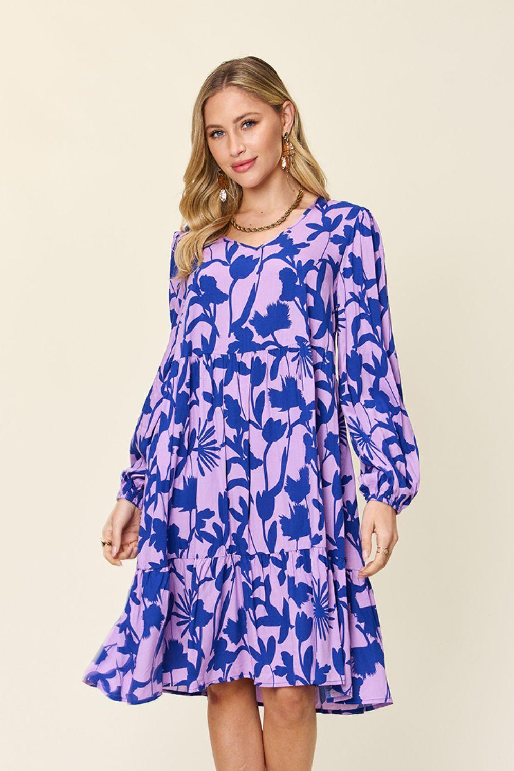 Double Take Full Size Printed Ruffle Hem Dress with Pocket - ClubOn