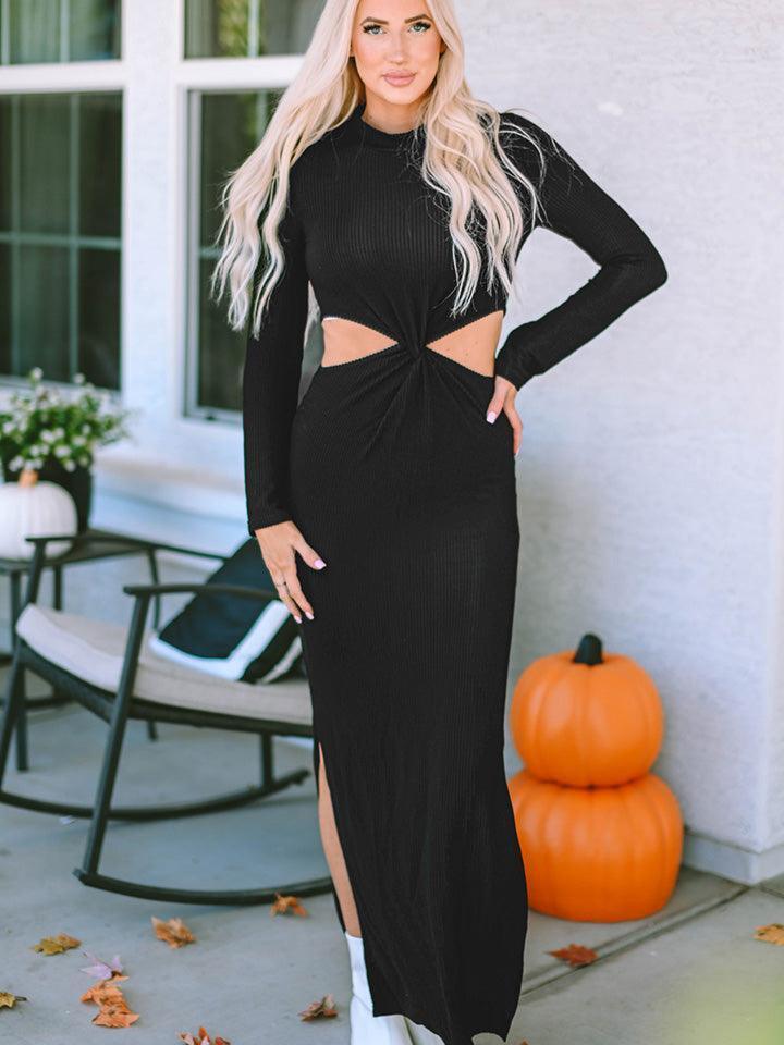 Cutout Round Neck Long Sleeve Slit Maxi Dress - ClubOn