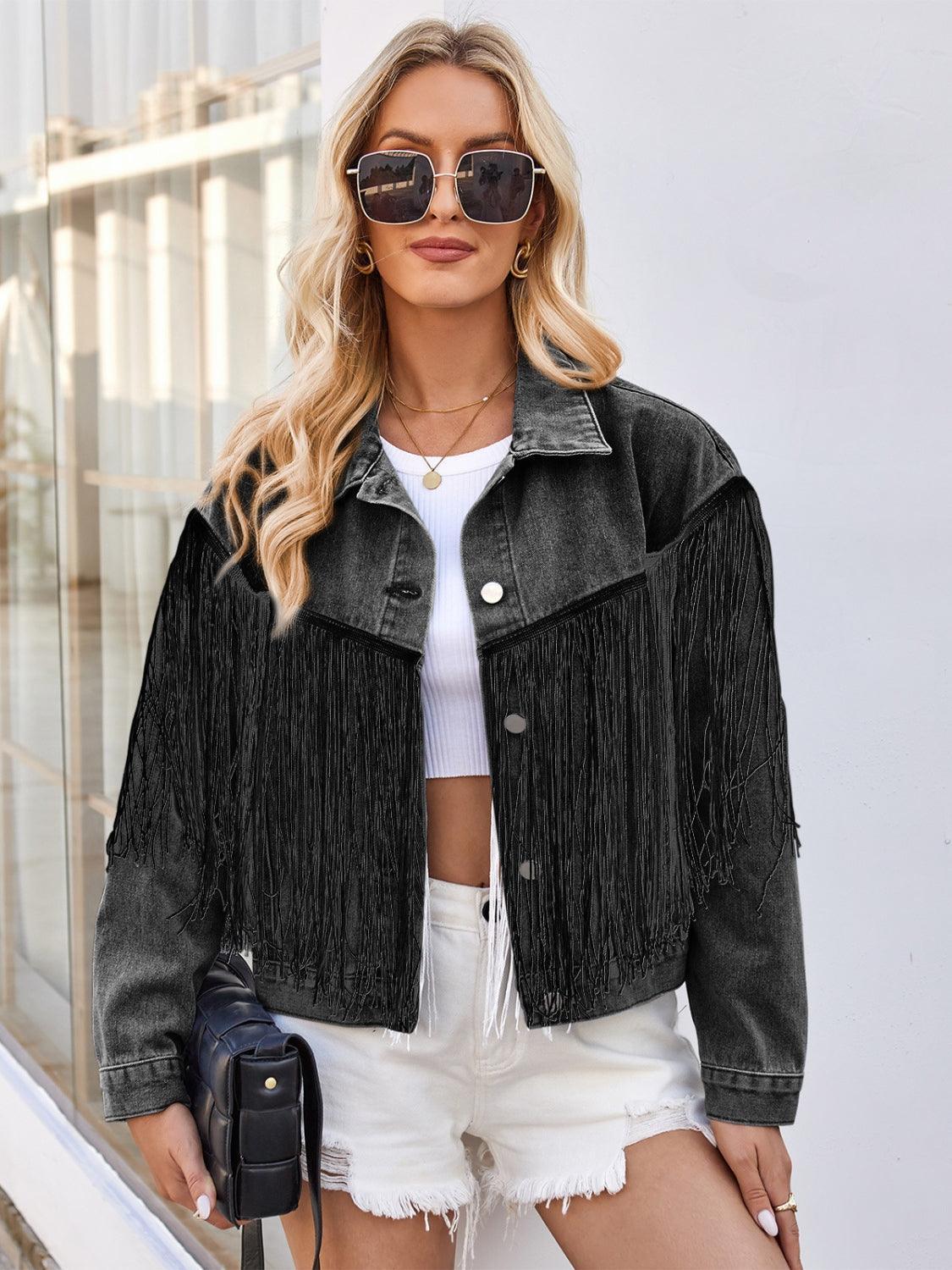 Tassel Button Up Dropped Shoulder Denim Jacket - ClubOn