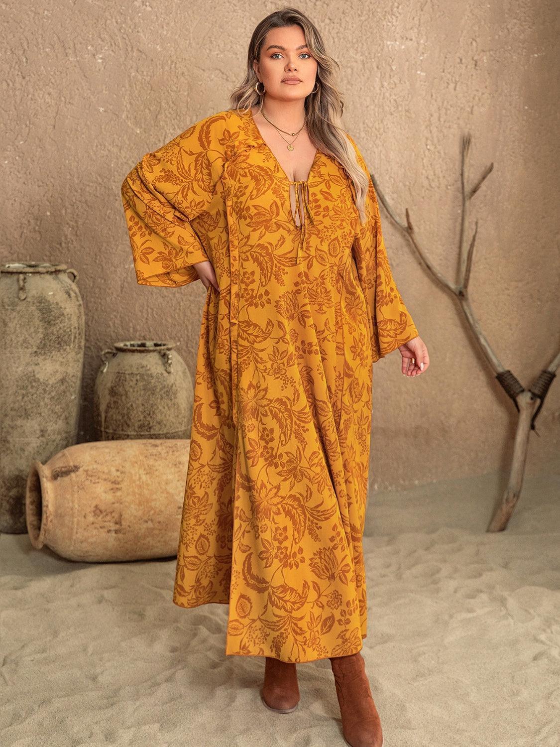 Plus Size Printed Slit Long Sleeve Dress - ClubOn
