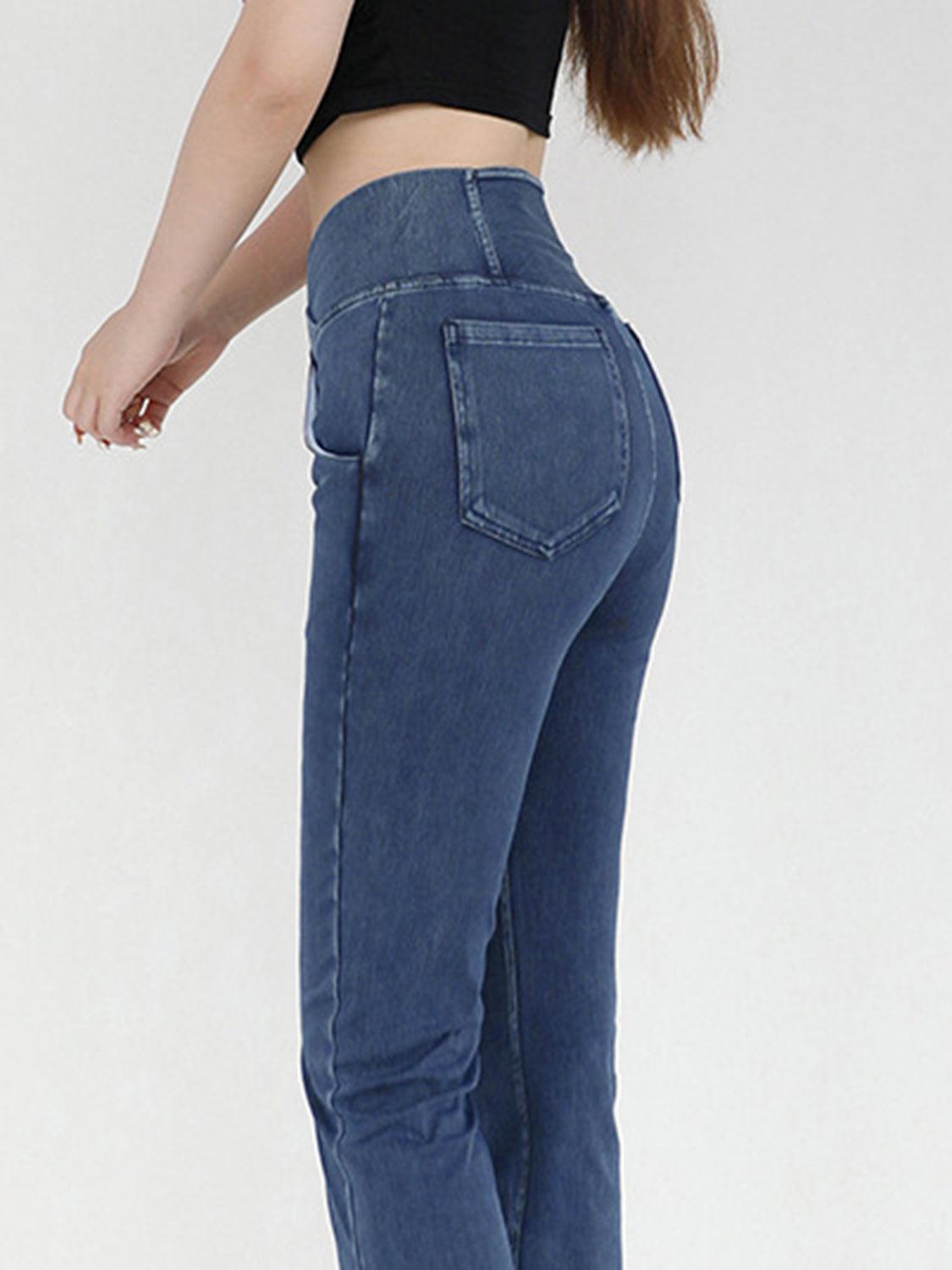 Wide Waistband Bootcut Jeans with Pockets - ClubOn