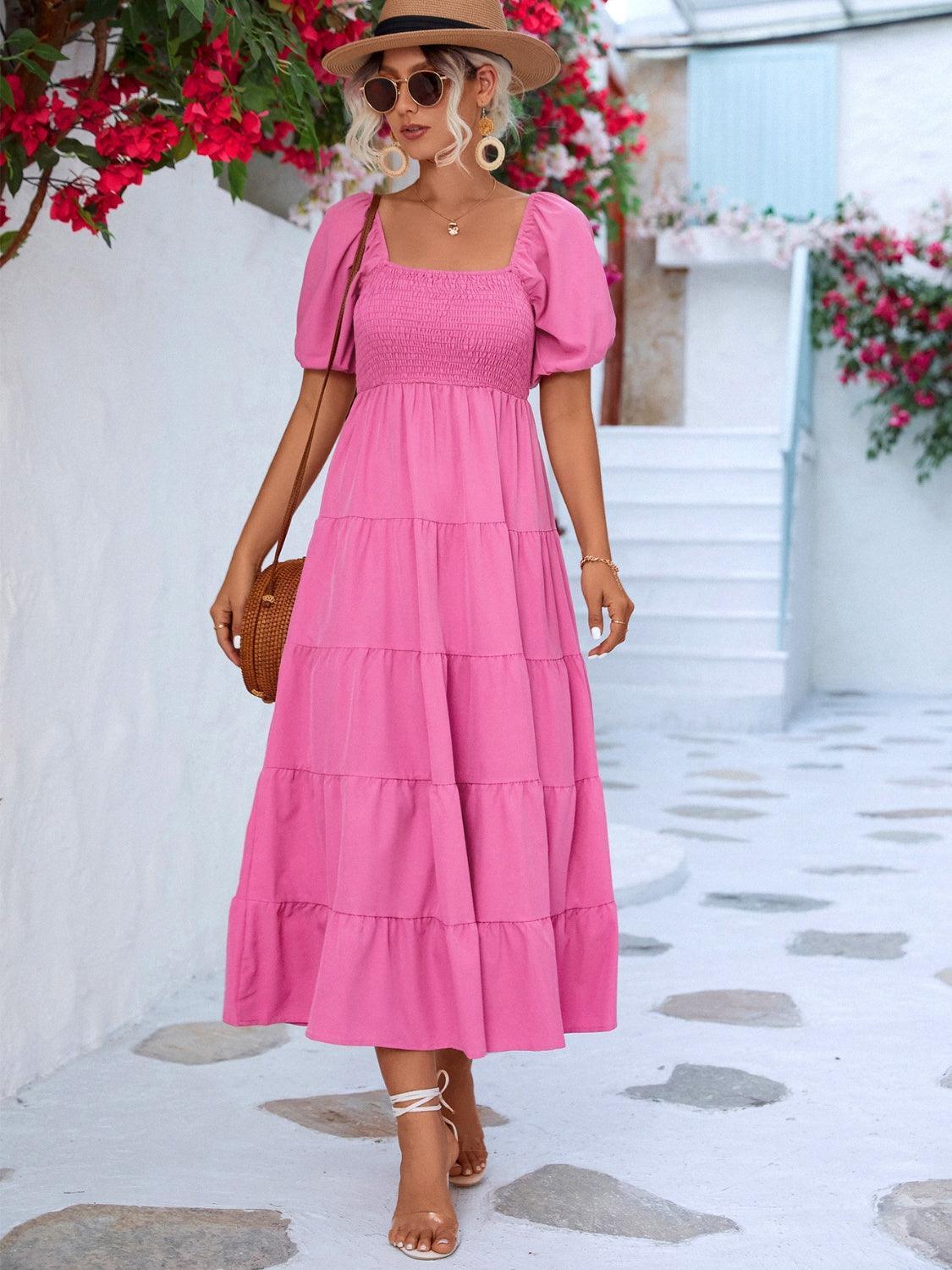 Tiered Smocked Short Sleeve Dress - ClubOn