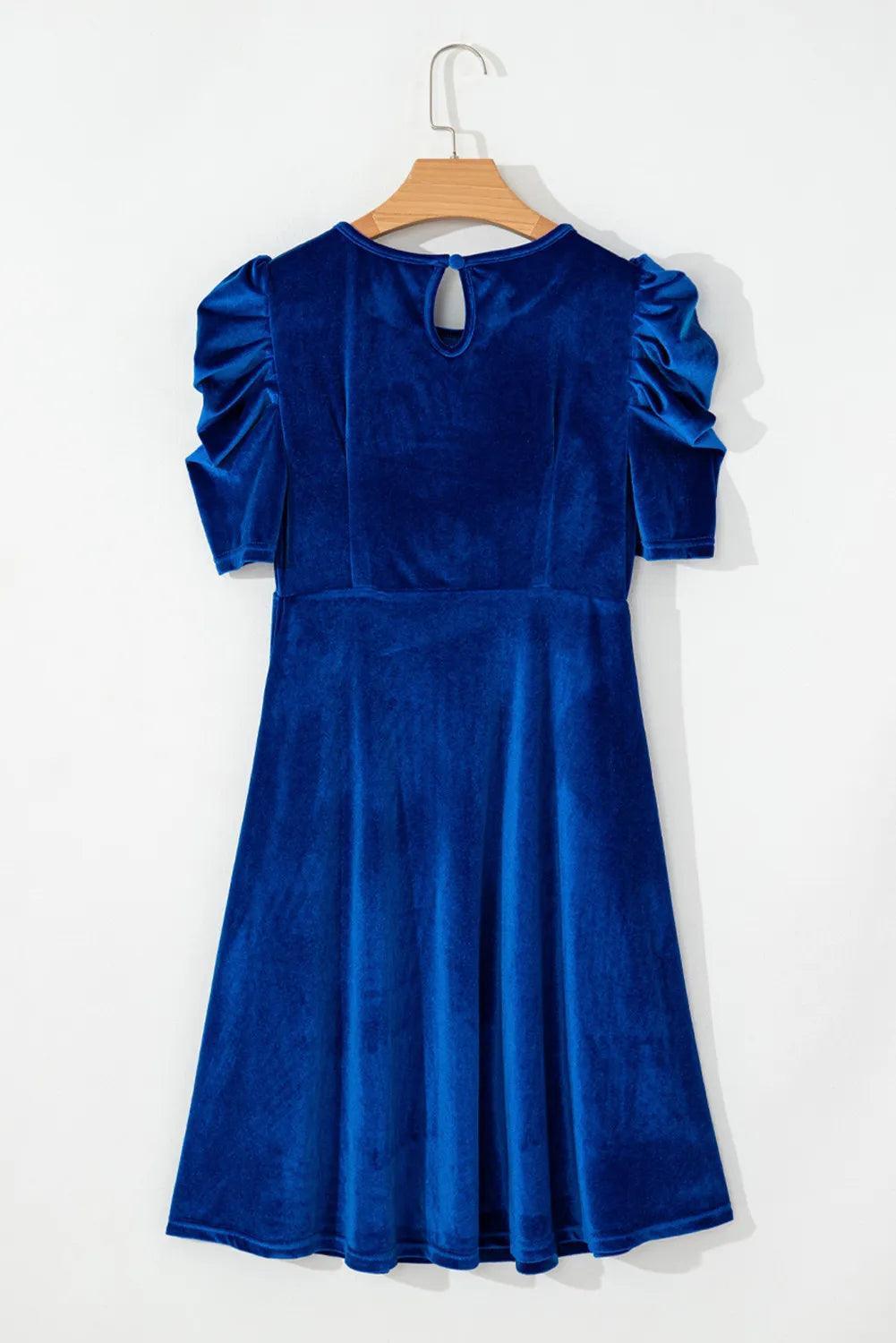Velvet Round Neck Puff Sleeve Dress - ClubOn