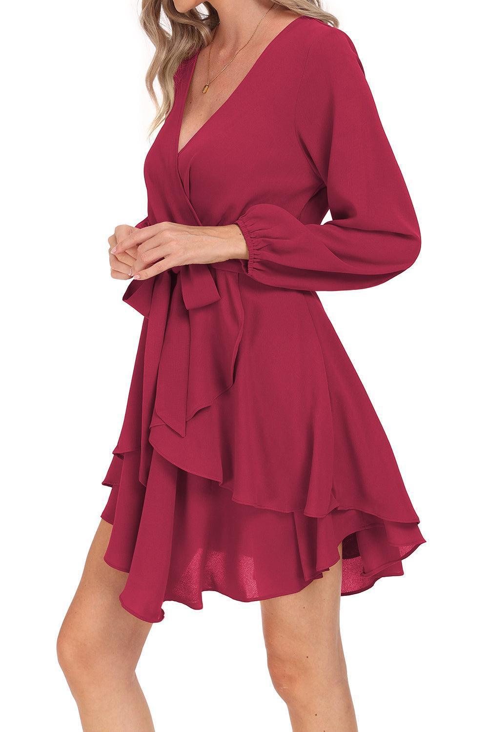 Tied Surplice Balloon Sleeve Layered Dress - ClubOn