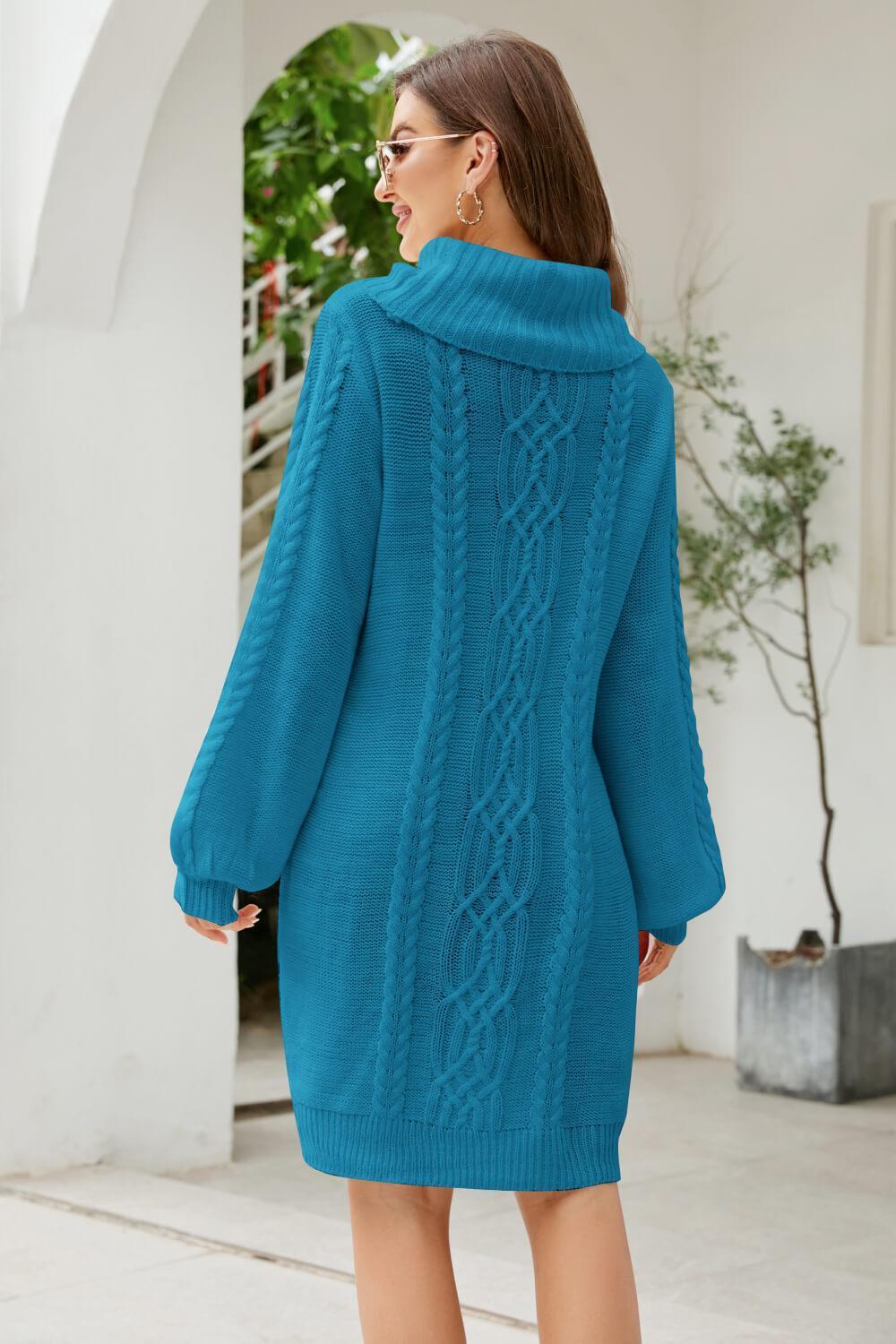 Woven Right Mixed Knit Turtleneck Lantern Sleeve Sweater Dress - ClubOn