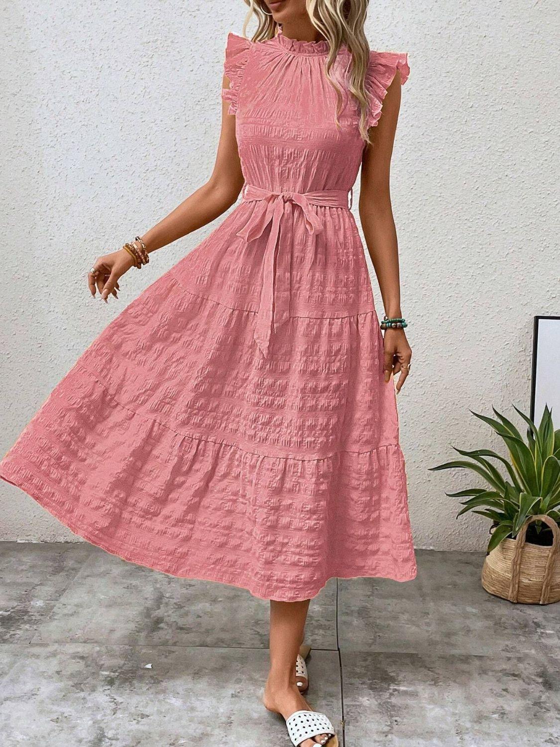 Tied Ruffled Cap Sleeve Midi Dress - ClubOn