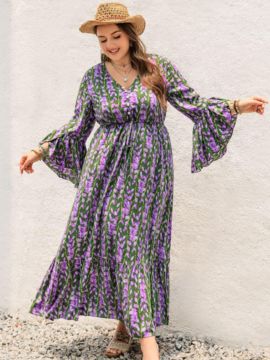 Plus Size Printed V-Neck Long Sleeve Maxi Dress - ClubOn