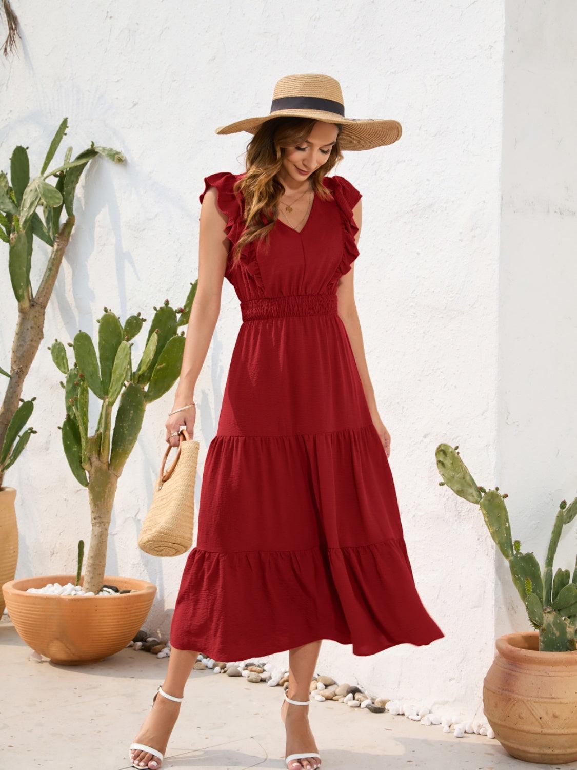 Tiered Ruffled V-Neck Cap Sleeve Dress - ClubOn