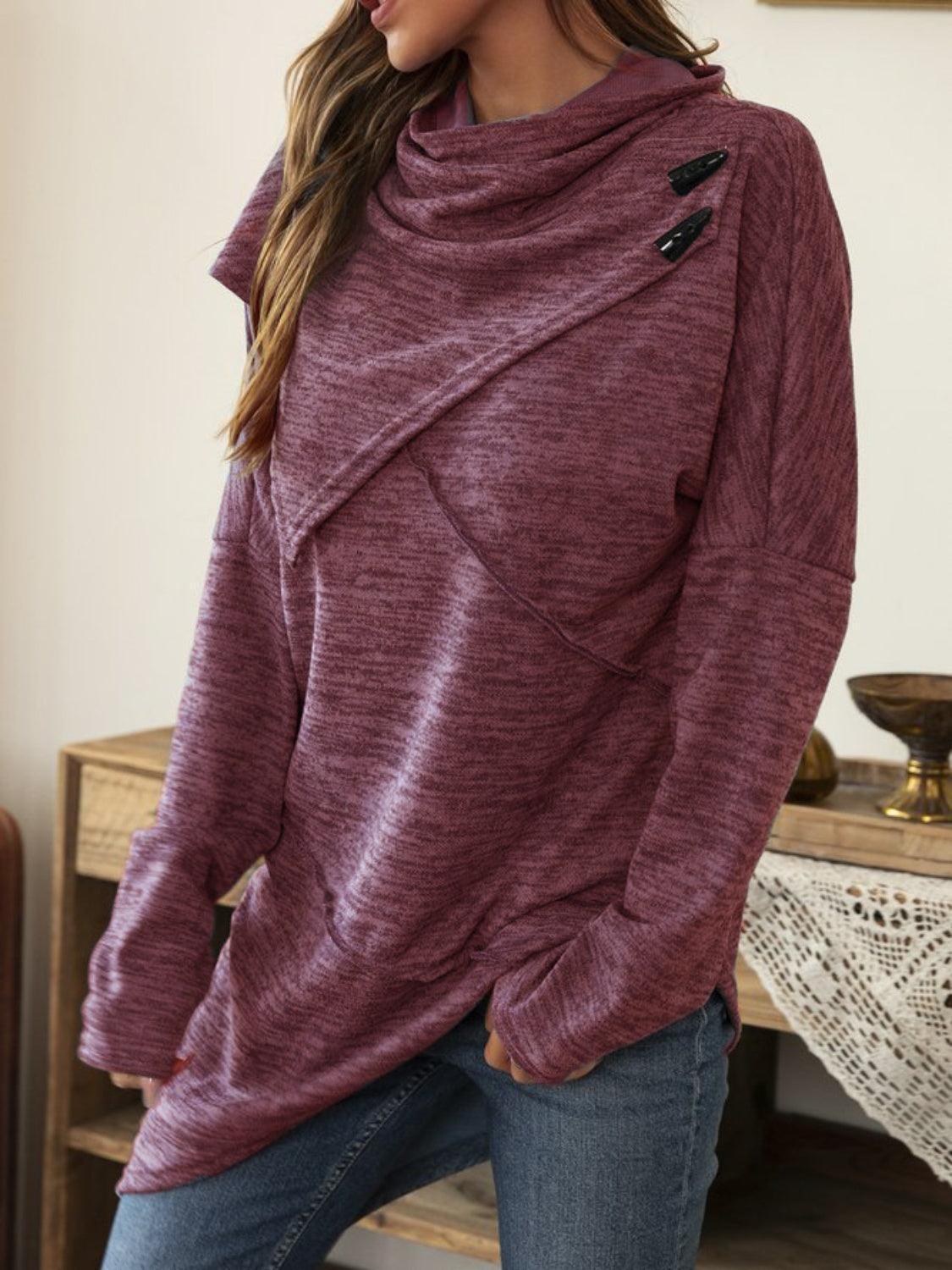 Asymmetrical Hem Cowl Neck Long Sleeve T-Shirt - ClubOn