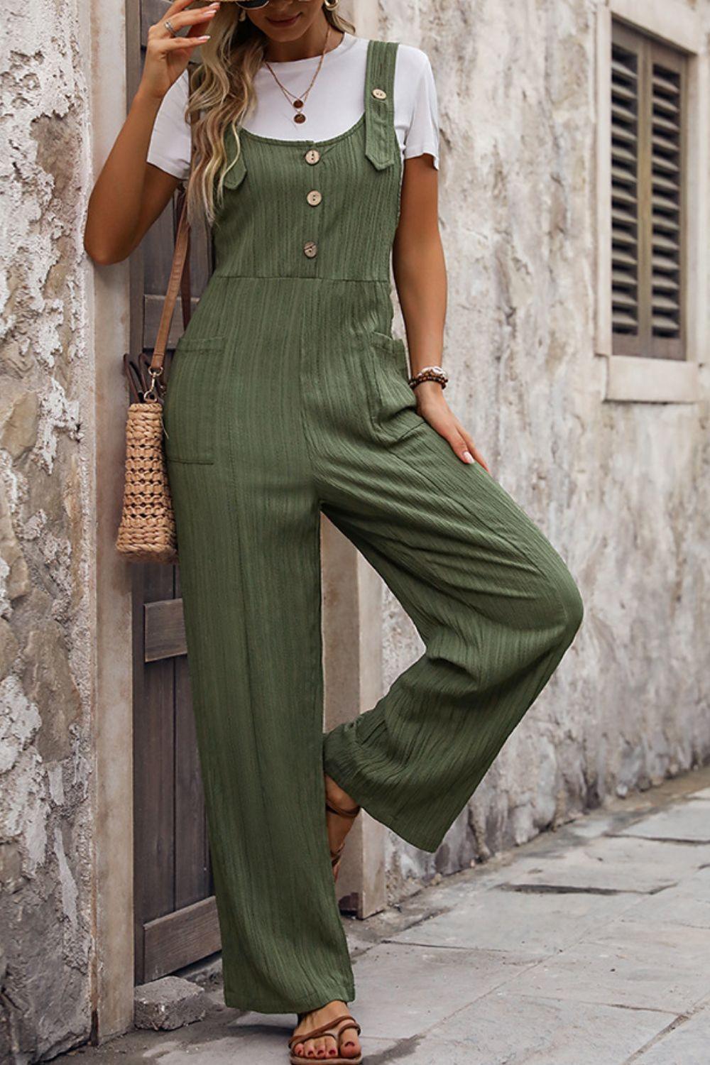 Perfee Textured Pocketed Wide Strap Overalls - ClubOn