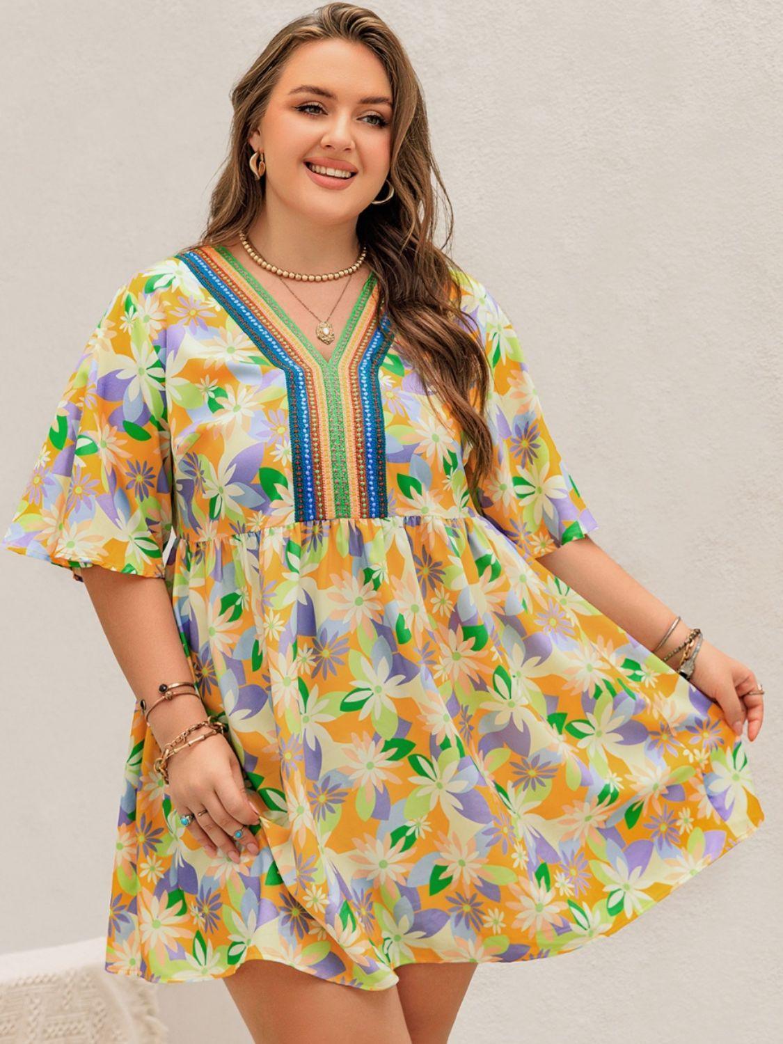 Plus Size Printed V-Neck Half Sleeve Mini Dress - ClubOn