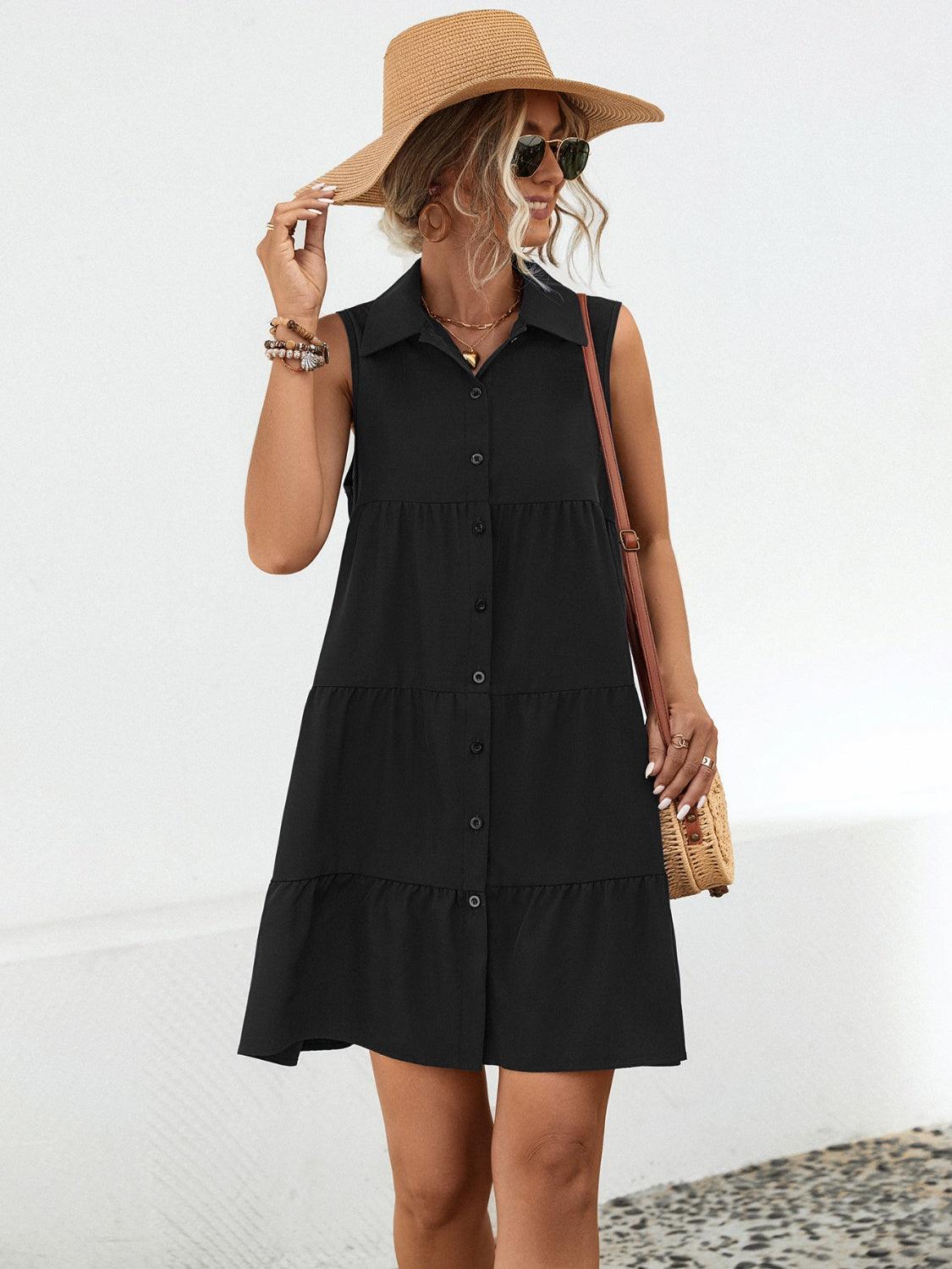 Button Up Sleeveless Mini Dress - ClubOn