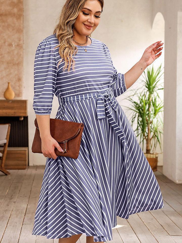 Plus Size Round Neck Striped Tie Waist Dress - ClubOn