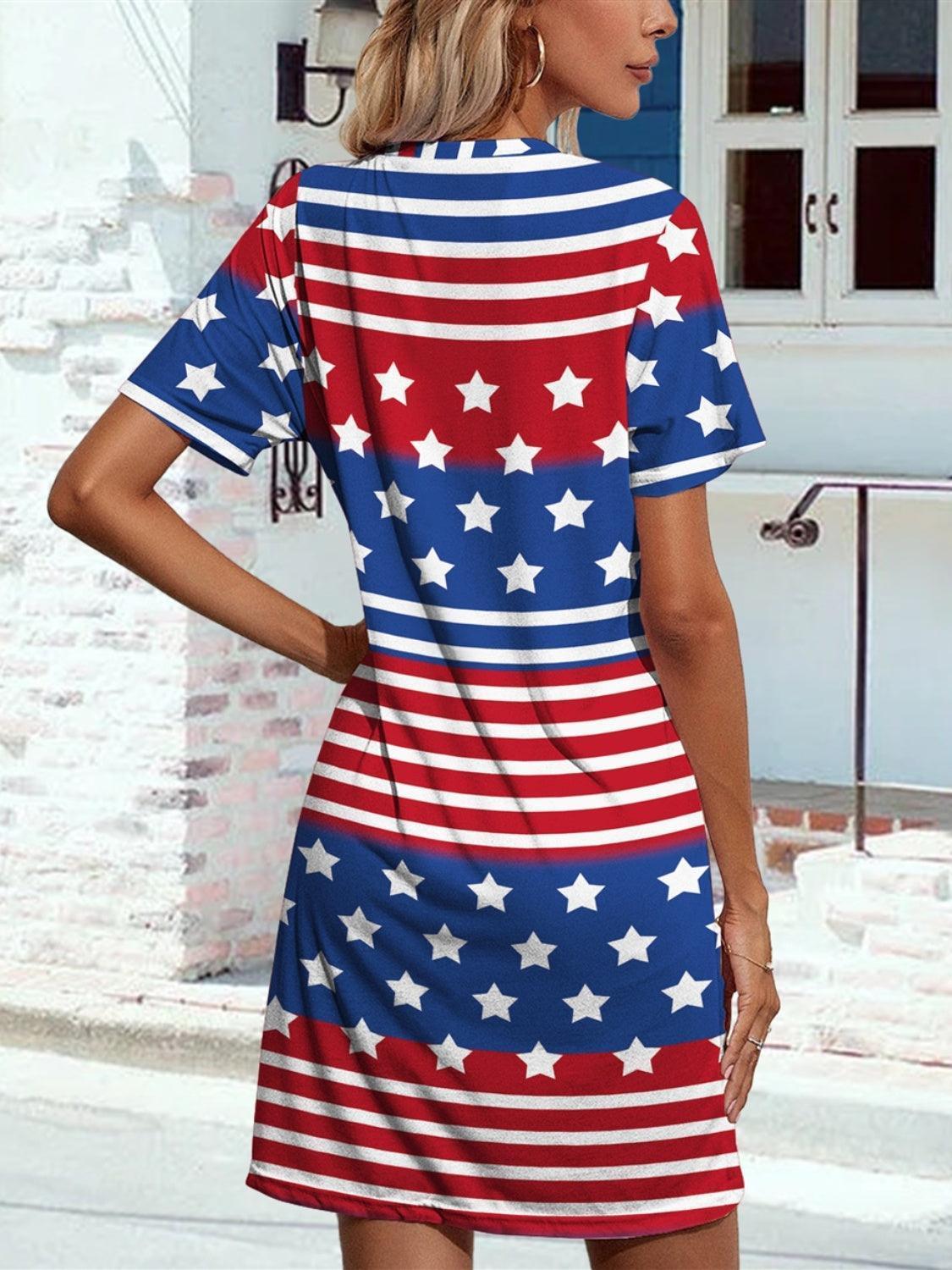 FAM-FAM Pocketd US Flag Printed Short Sleeve Dress - ClubOn