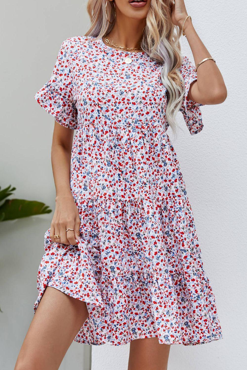 Ditsy Floral Flounce Sleeve Tiered Dress - ClubOn