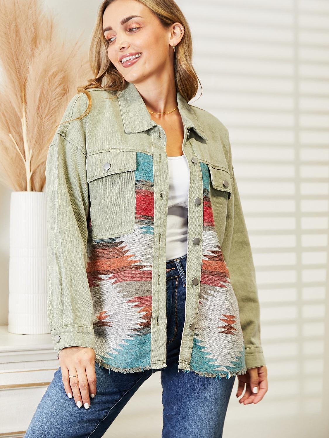 Dropped Shoulder Long Sleeve Printed Denim Jacket - ClubOn