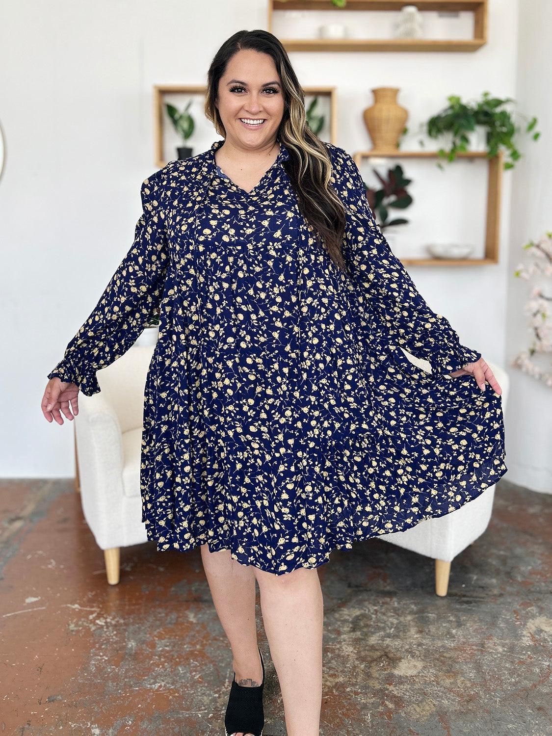 Double Take Full Size Printed Ruffle Hem Long Sleeve Tiered Dress - ClubOn