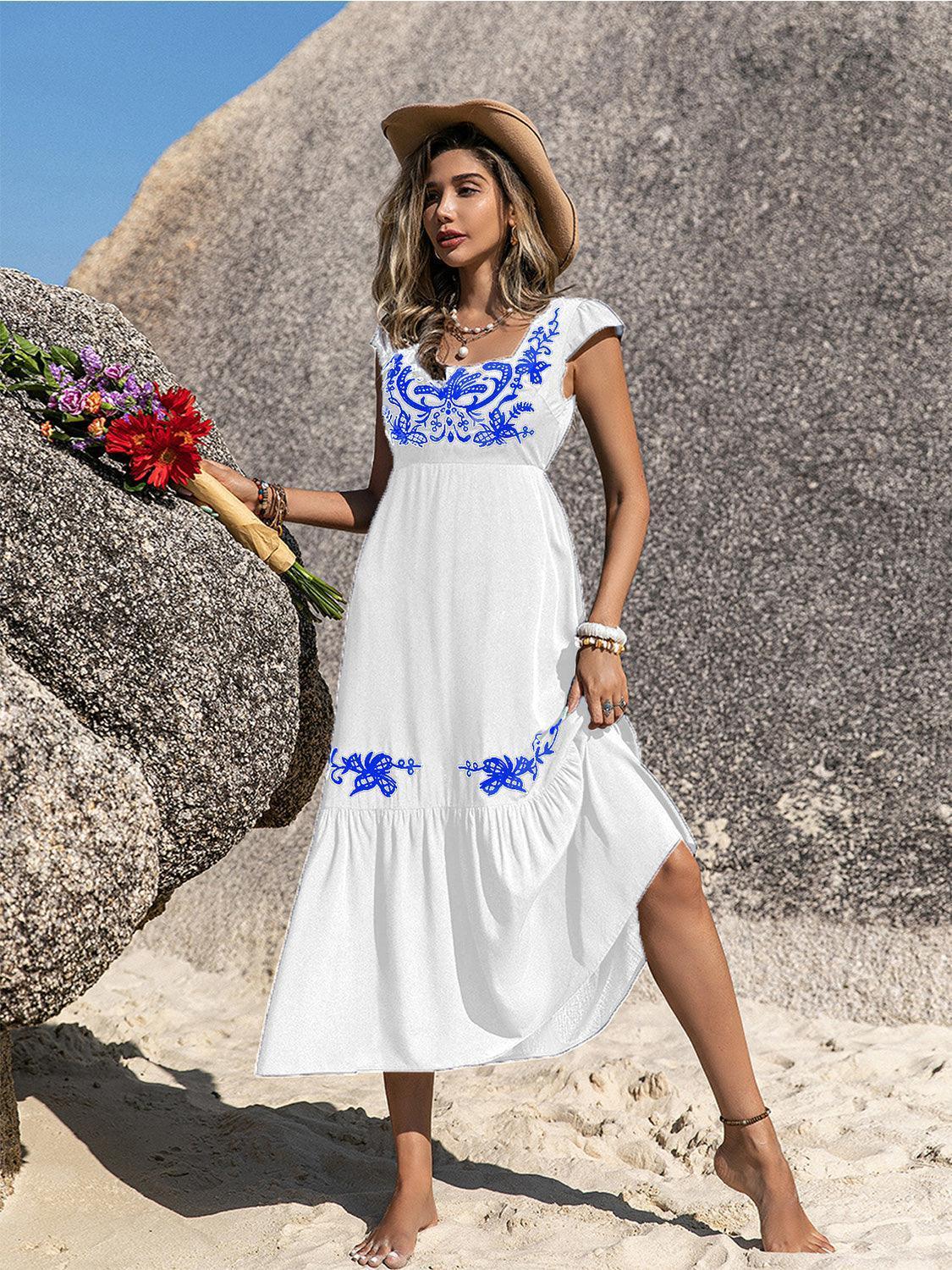 Embroidered Square Neck Ruffle Hem Dress - ClubOn