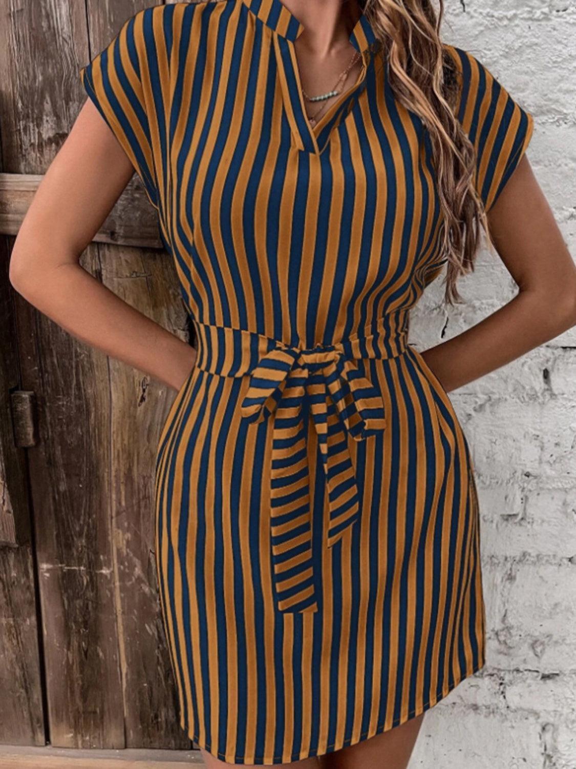 Tied Striped Cap Sleeve Mini Dress - ClubOn