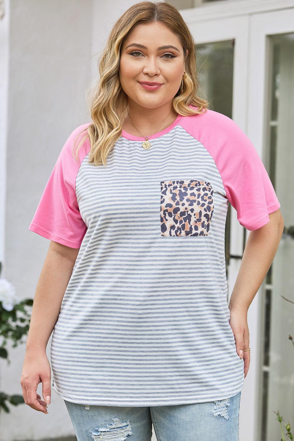 Plus Size Striped Leopard Round Neck T-Shirt - ClubOn