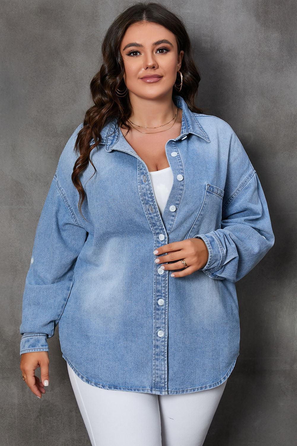Plus Size Button Up Pocketed Denim Top - ClubOn