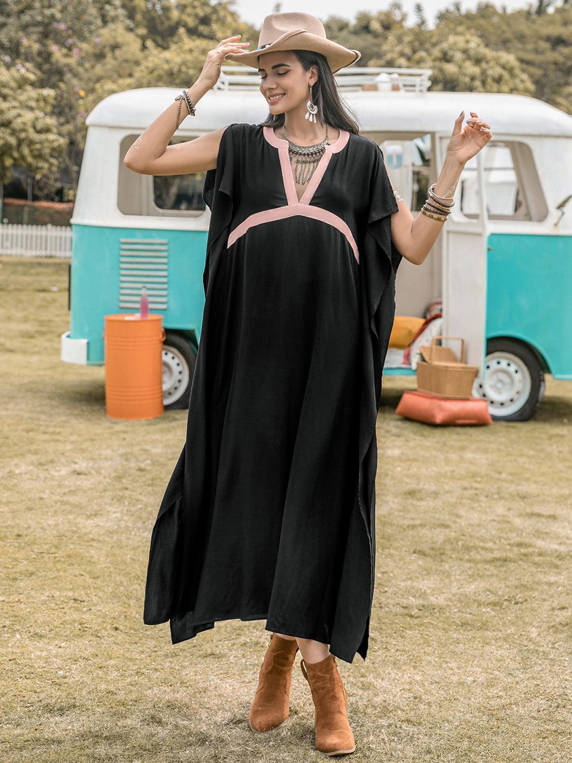 Contrast Trim Notched Slit Short Sleeve Midi Dress - ClubOn