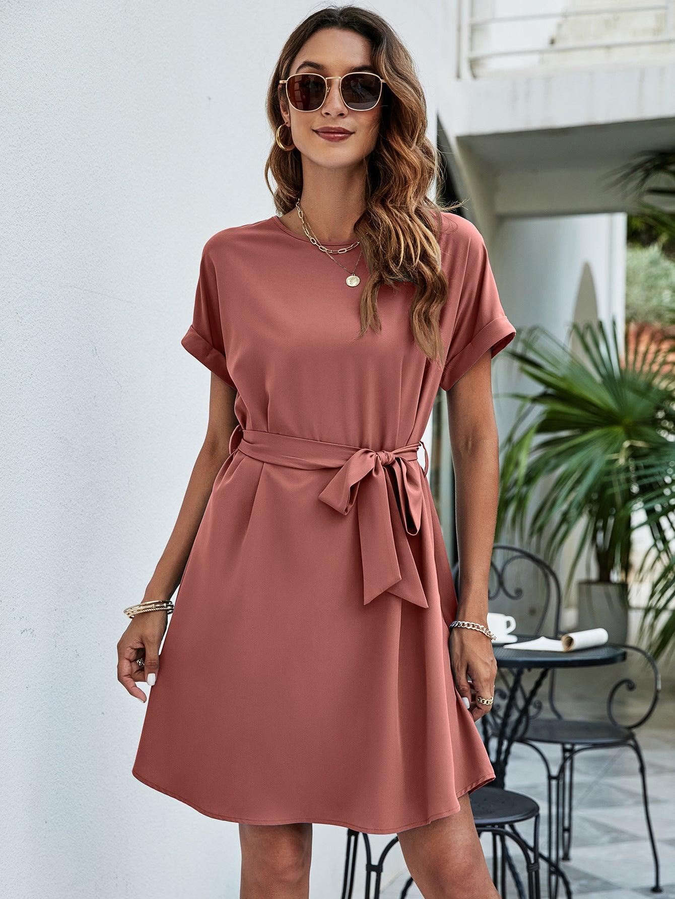 Belted Round Neck Curved Hem Dress - ClubOn