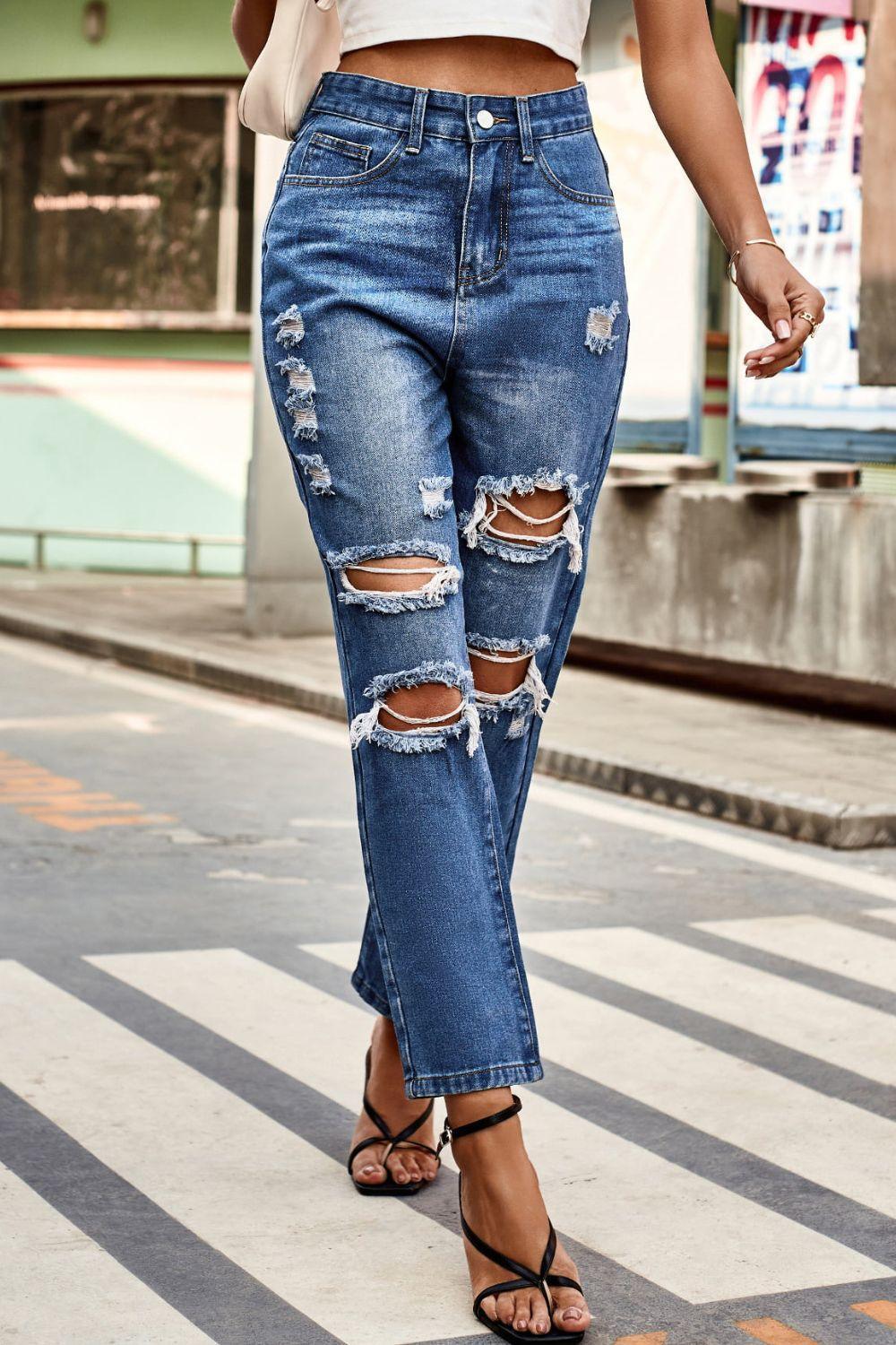 Distressed High Waist Straight Jeans - ClubOn
