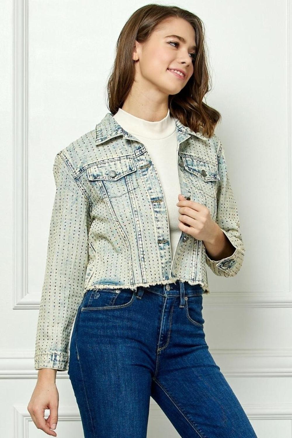 Veveret Multi Color Stripe Rhinestone Raw Hem Denim Jacket - ClubOn