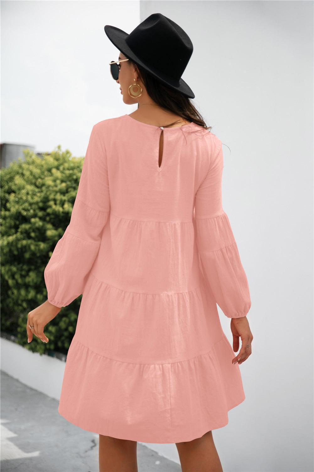 Balloon Sleeve Keyhole Tiered Dress - ClubOn