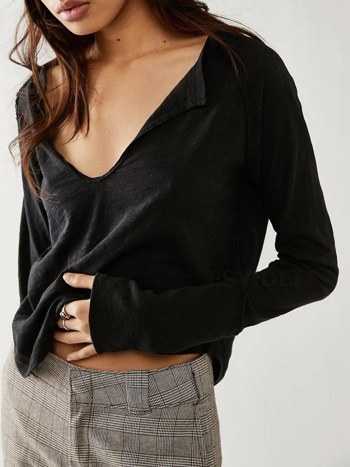Exposed Seam Notched Long Sleeve T-Shirt - ClubOn
