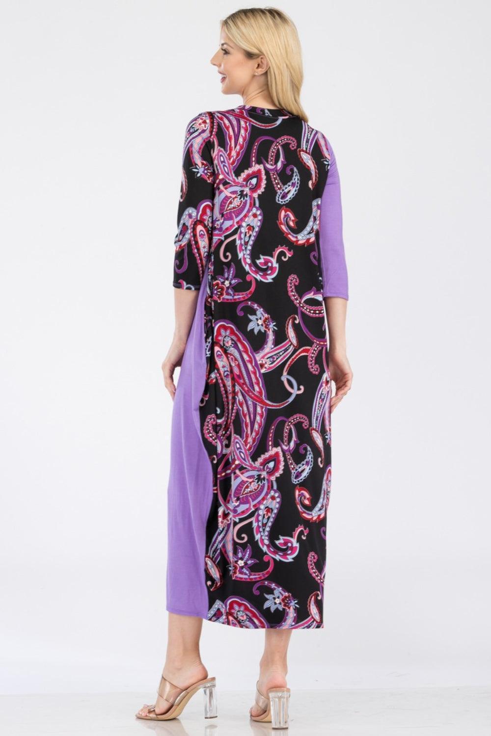 Celeste Full Size Paisley Contrast Midi Dress with Pockets - ClubOn