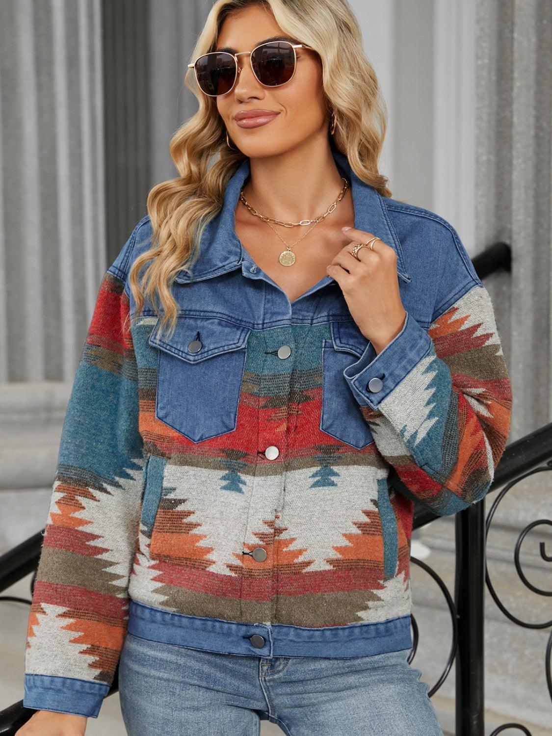 Geometric Button Up Long Sleeve Denim Jacket - ClubOn