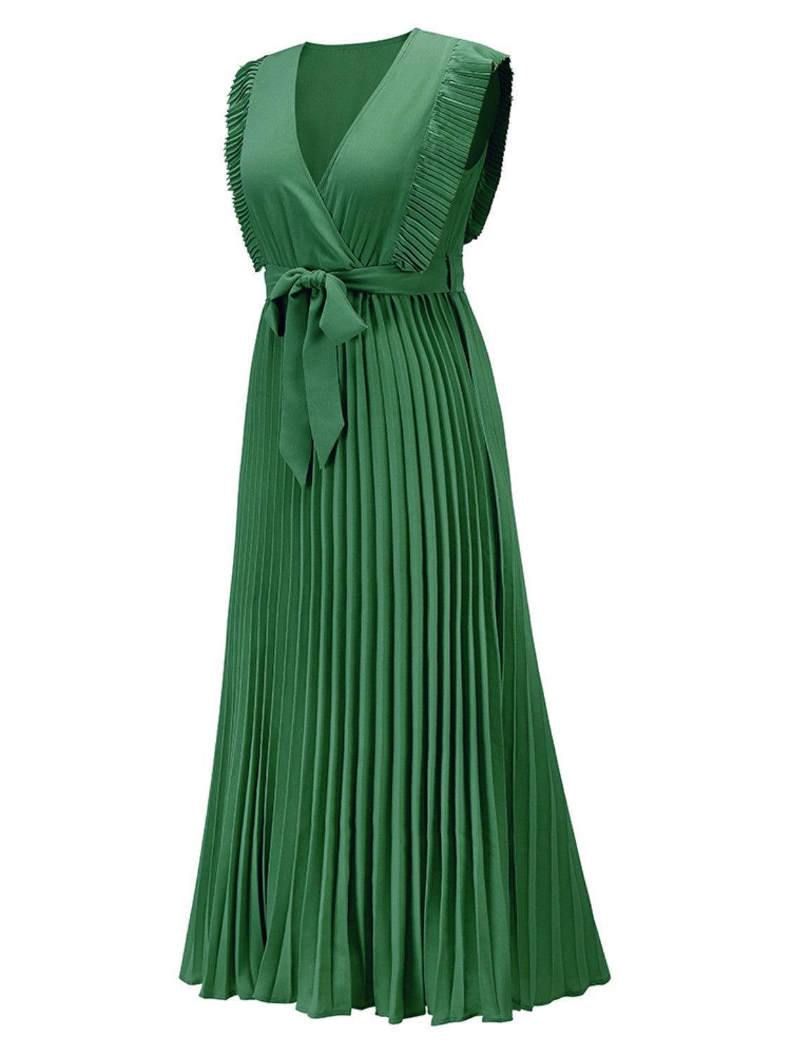 Tied Surplice Cap Sleeve Pleated Dress - ClubOn
