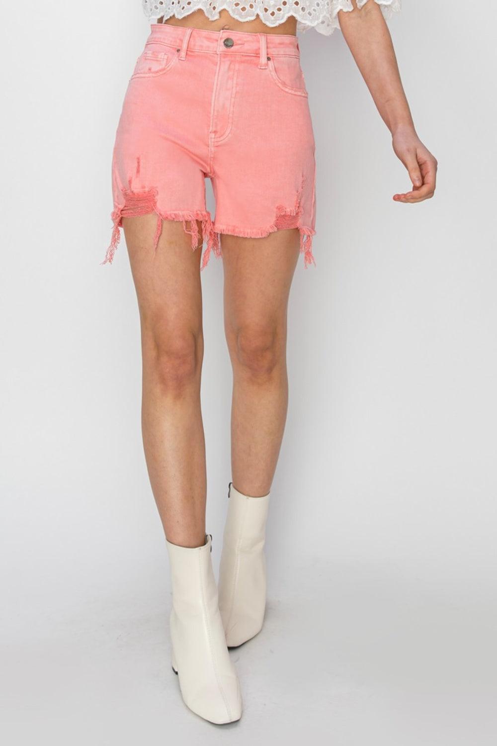 RISEN High Rise Distressed Denim Shorts - ClubOn