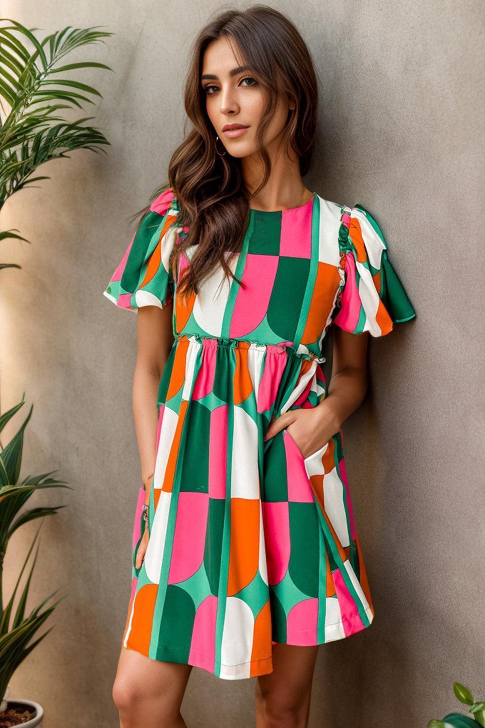 Color Block Round Neck Short Sleeve Dress - ClubOn