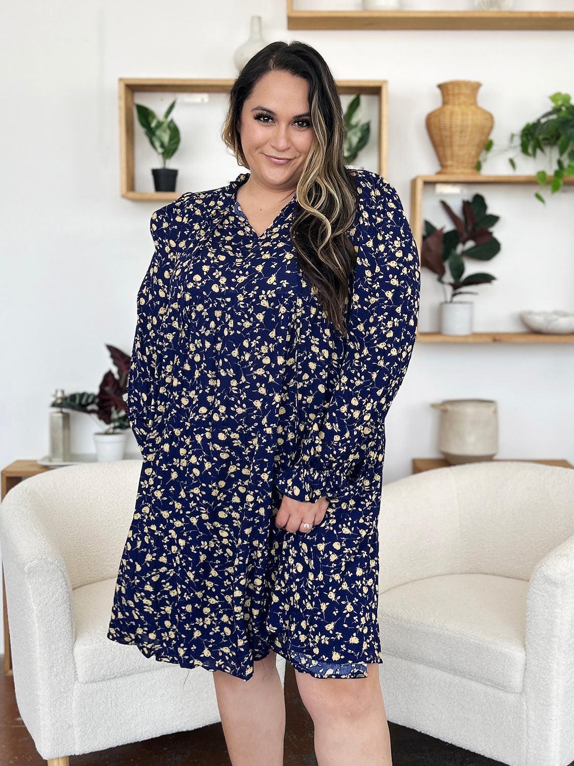 Double Take Full Size Printed Ruffle Hem Long Sleeve Tiered Dress - ClubOn