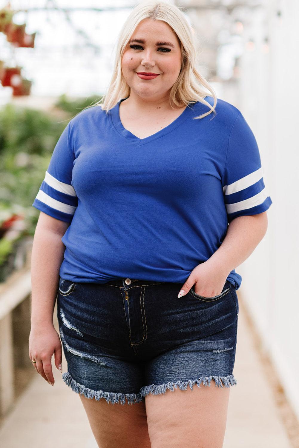 Plus Size Striped V-Neck Tee Shirt - ClubOn
