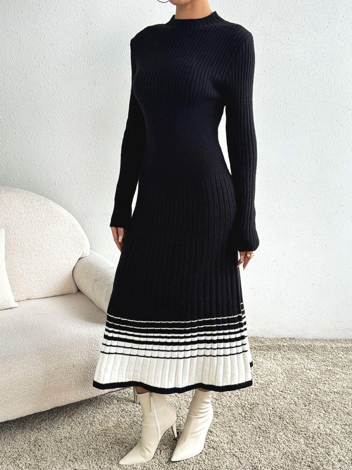 Contrast Mock Neck Long Sleeve Sweater Dress - ClubOn