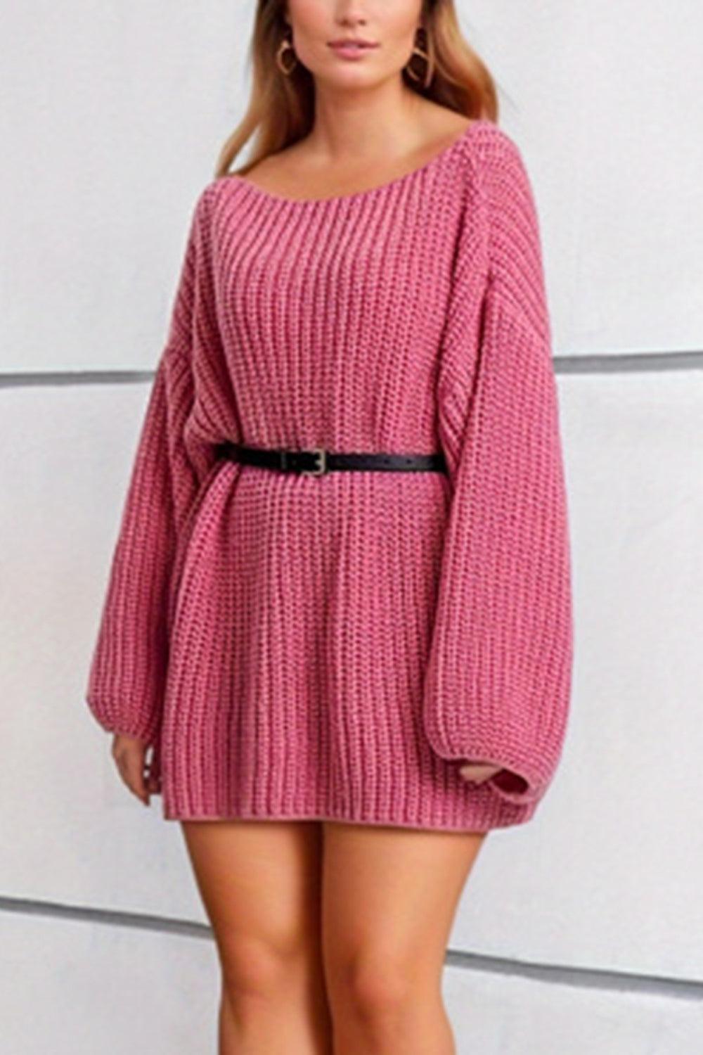 Boat Neck Dropped Shoulder Mini Sweater Dress - ClubOn