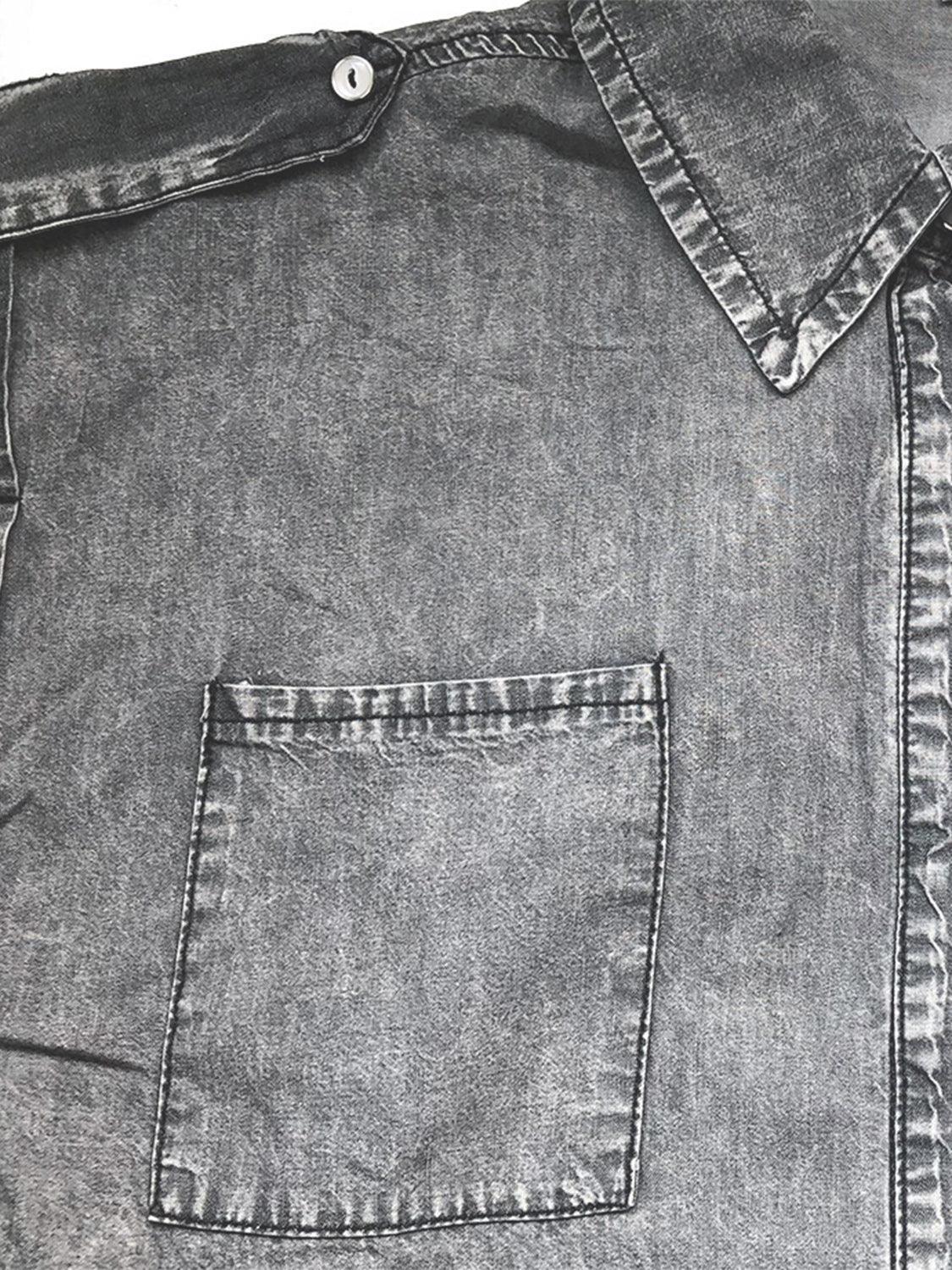 Collared Neck Cap Sleeve Denim Top - ClubOn