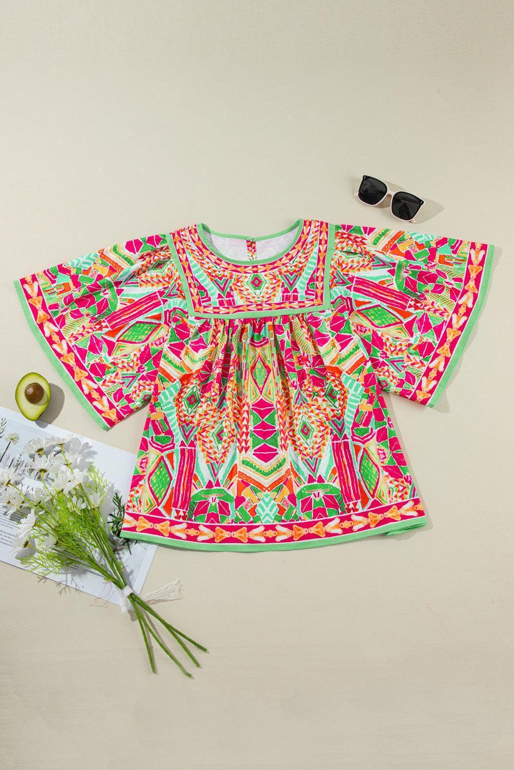 Plus Size Printed Round Neck Half Sleeve Blouse - ClubOn