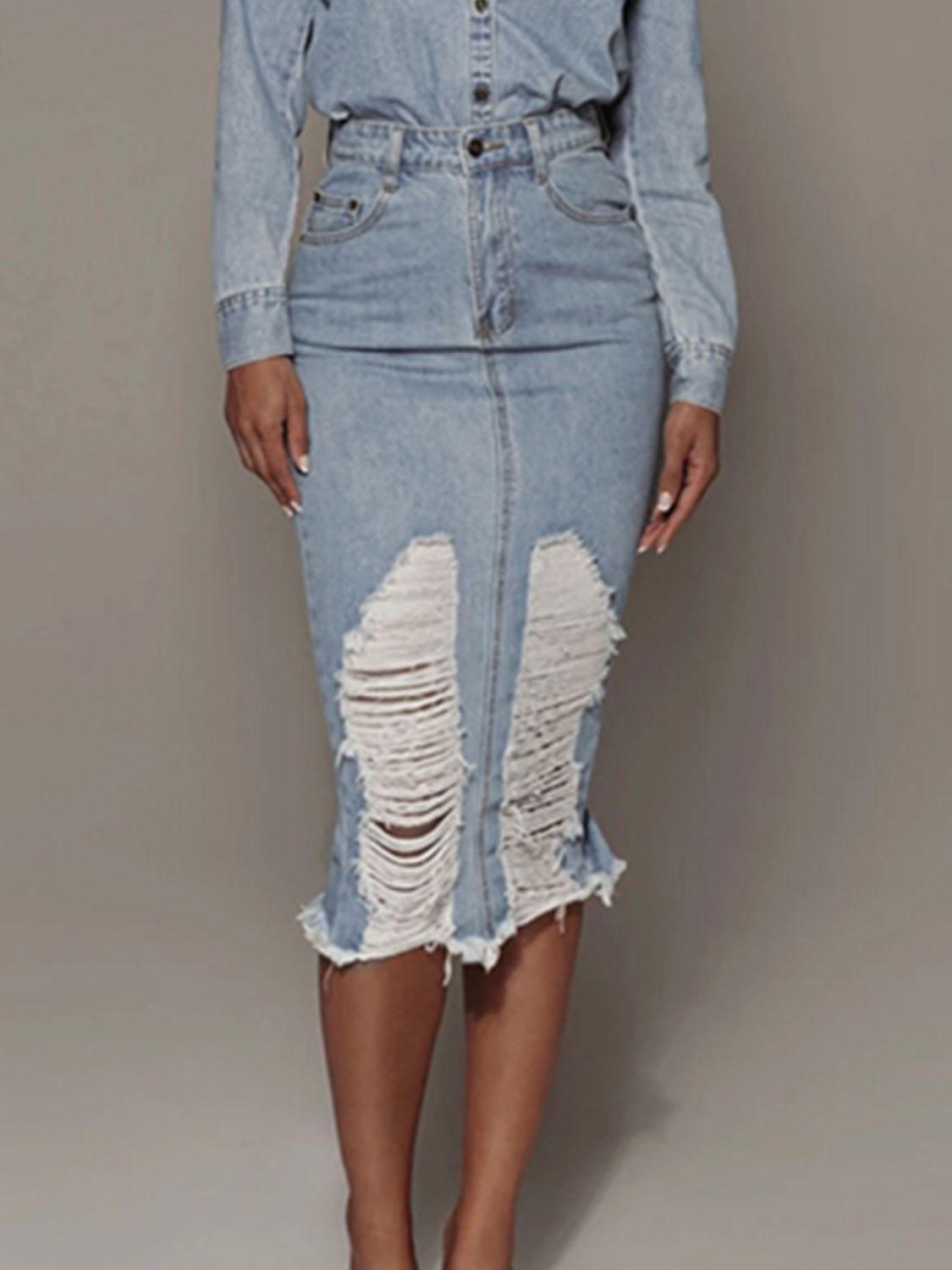 Distressed Slit Denim Skirt - ClubOn