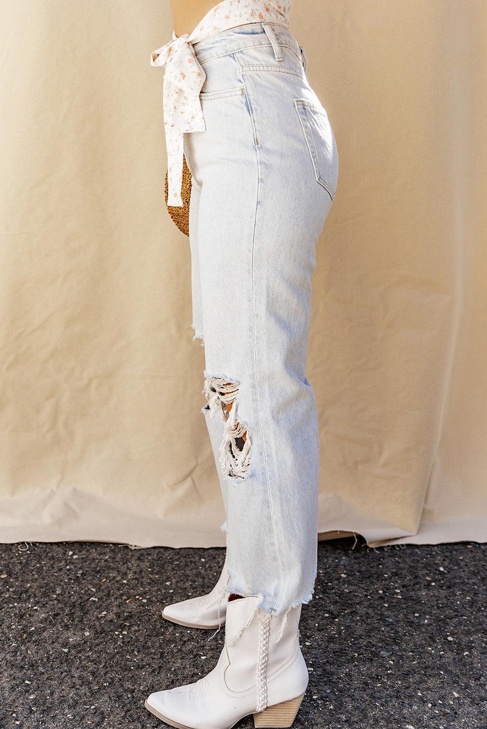 Distressed Raw Hem Jeans with Pockets - ClubOn