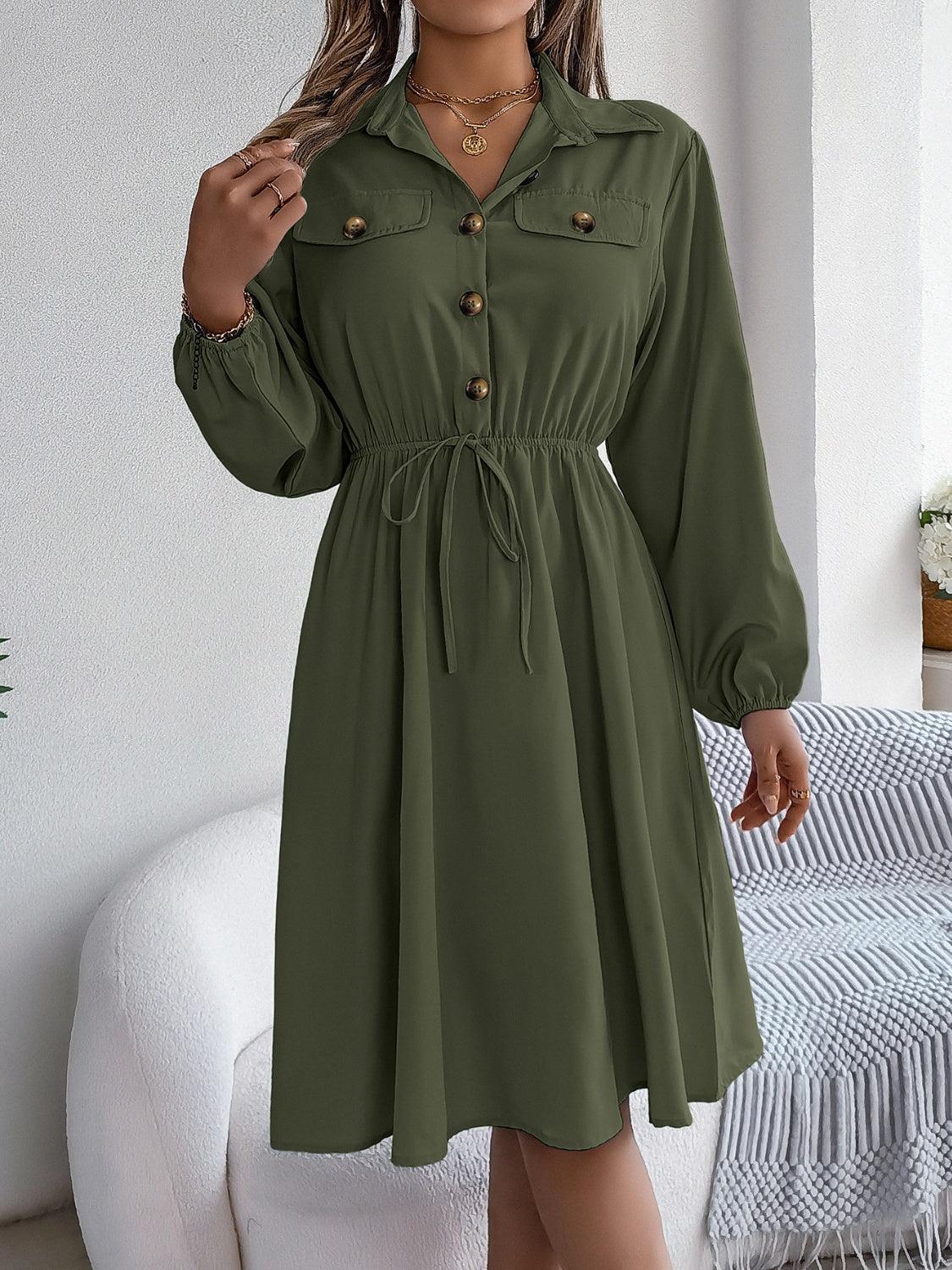 Collared Neck Long Sleeve Dress with Pockets - ClubOn