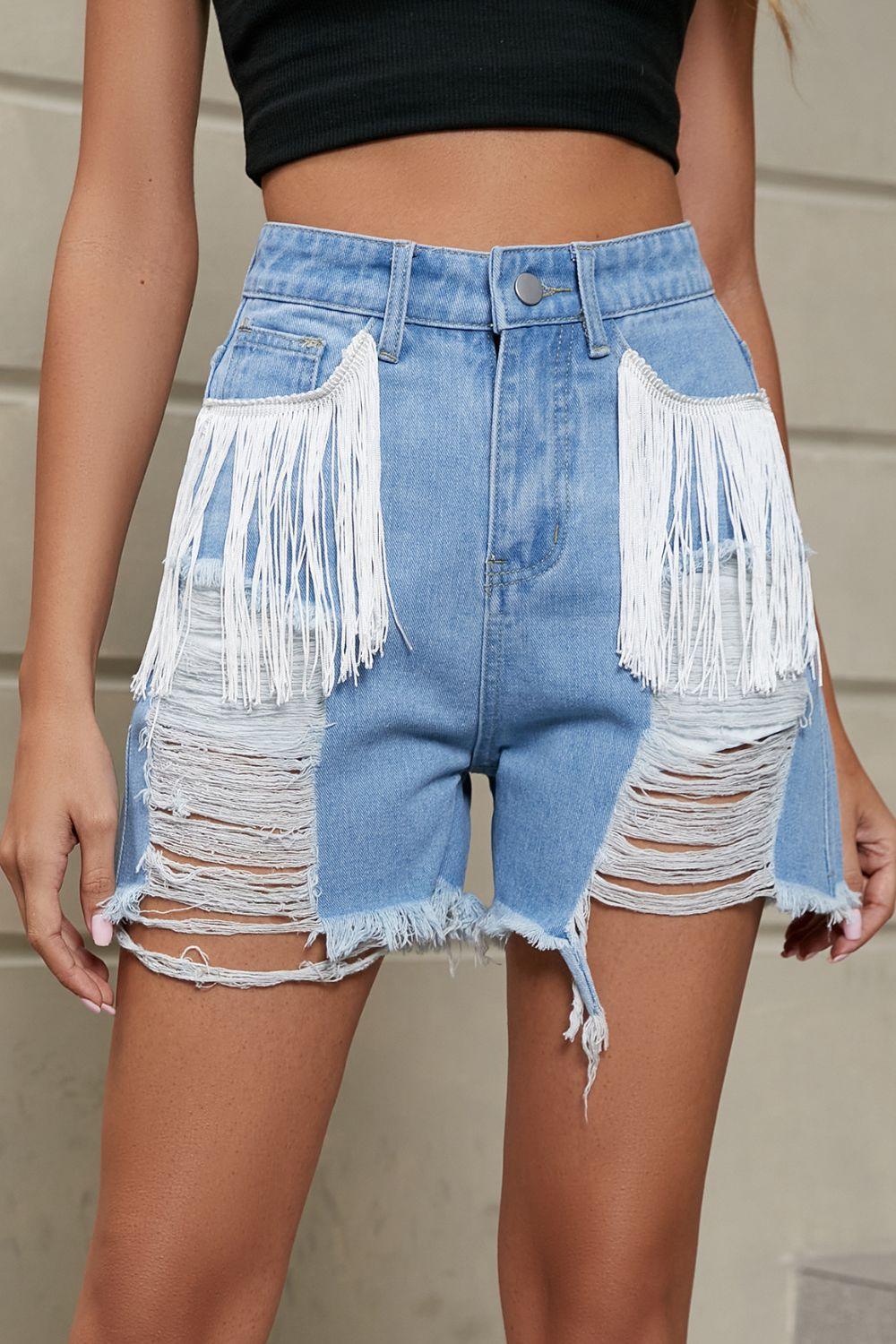 Fringe Trim Distressed Denim Shorts with Pockets - ClubOn