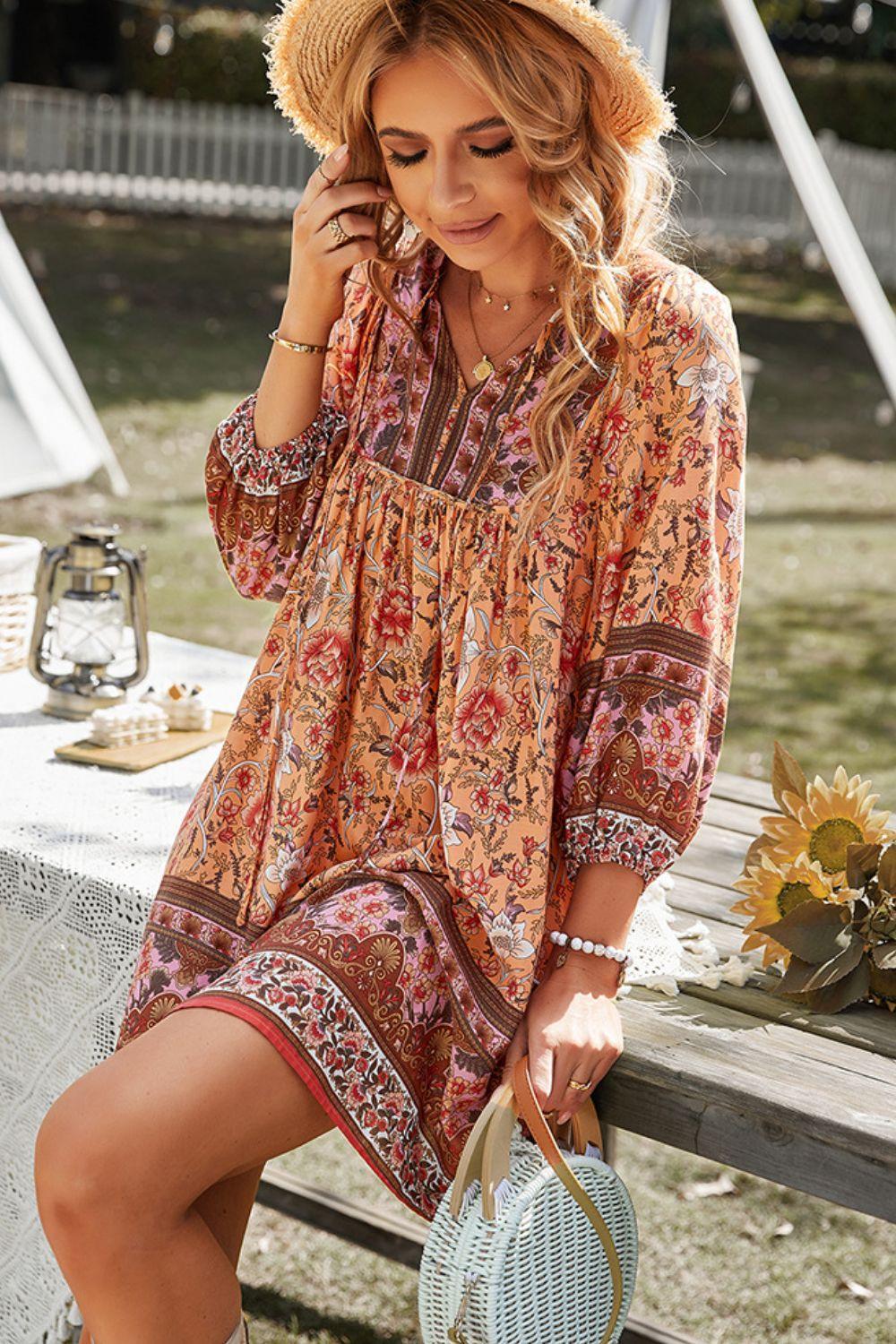 Devine Bohemian Tie Neck Balloon Sleeve Dress - ClubOn